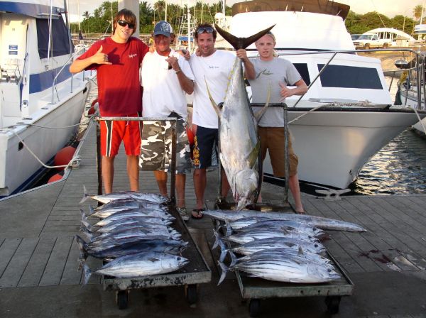 8-28-08
AHI!!! Dominik, Martin, Andres and Fred put in a long day on the water. But the two cart loads of fish made it all worth while.

