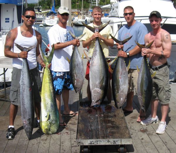 5-8-09
Tyler, Coby, Frankie, Rey and Brendan put a hurt on the fish. That Yellowfin Tuna was just a few pounds shy of being the first Ahi of the year. Nice job men.
