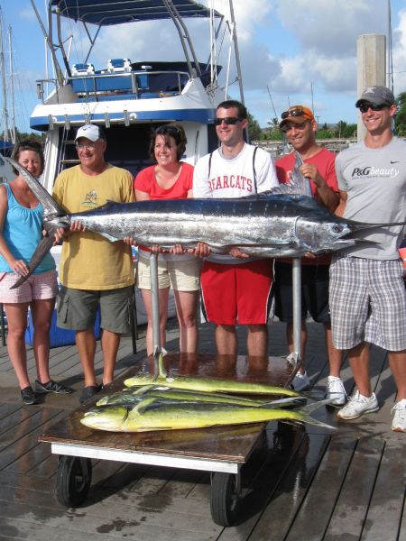9-4-09
It took Kristi, Mike, Amy, Andrew, Adam and Gary to hold up thier Blue Marlin- nice work. And they got some fat Mahi Mahi's too.
